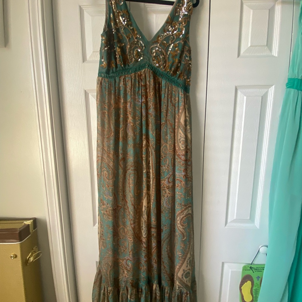 Teal and Beige Paisley Maxi Dress